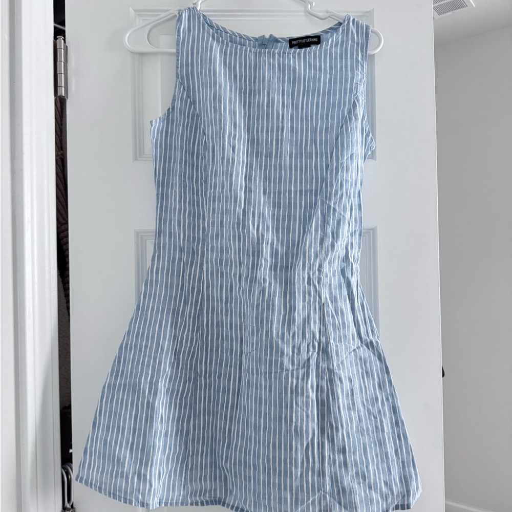 PrettyLittleThing Blue and White Ribbed Mini Dress
